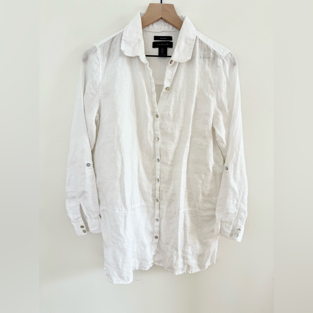Tahari 100% Linen White Oversized Shirt Long Button Down Shirt Small S